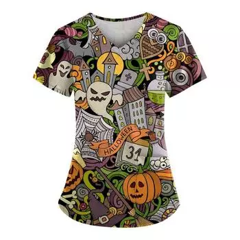 Halloween Women S V-Neck Fashion Casual Printing Top Protective Work Suit Pumpkin Lantern 3d Digital Print T Shirt Y2k Clothing S