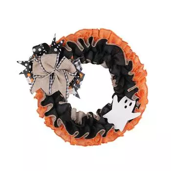 Halloween Wreath Plaid Bow Ribbon Artificial Wreath, Festival Garland Decoration One Size