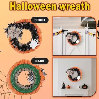 Halloween Wreath Plaid Bow Ribbon Artificial Wreath, Festival Garland Decoration One Size