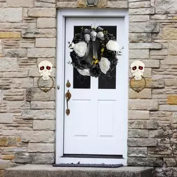 Halloween Wreath Simulation Skull White Rose Flower And Black Withered Head Horror Atmosphere Pendant