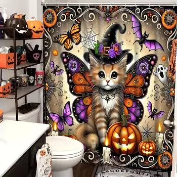 Hallowmas Bat Butterfly Spider Web Bathing Curtain Bathroom Shower Curtain Waterproof With 12 Hooks Fishes Home Deco Free Ship 180x180cm curtain