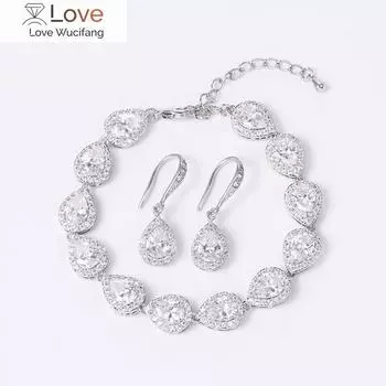 Halo Teardrop Cubic Zirconia Cz Crystal Свадебный браслет и серьги Комплект свадебных украшений Подарок для подружки невесты