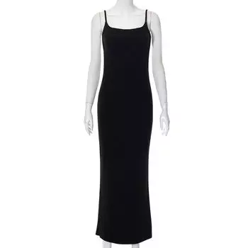Halter Dress2022 Autumn New Arrival Sunken Stripe Solid Color Sling Bare Back Strap Long Silm Dress Black L