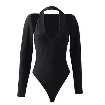 Halter Slim Fit Crotch Bottoming Shirt Long Sleeves Oversleeve Halter One-Piece T-shirt Two-Piece Set Black Open Back Tops Black S