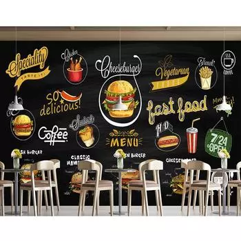 Hamburger Mural 3d Hand-Painted Blackboard Western Restaurant Wallpaper Pizza Hamburger Fast Food Shop Wall Mural 200 cm(W) x 140 cm(H)