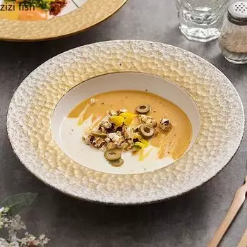Hammer Patterned White Gold Ceramic Deep Plate Thick Soup Plate Pasta Plate Salad Plates Snack Plates Hotel Creative Tableware