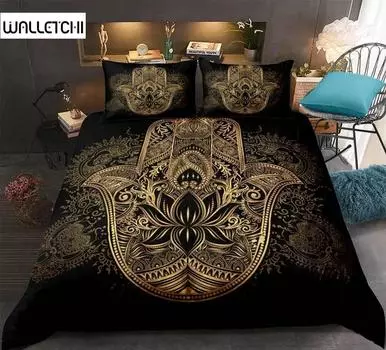 Hamsa Hand King Queen Bedding Set Hand of Fatima Duvet Cover Boho Mandala Black Gold Lucky Hand Polyester Quilt Cover EU Single 135x200cm