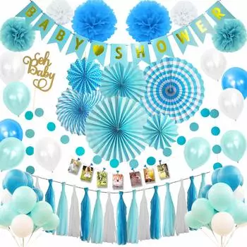 Hanakaze Blue Baby Shower Decoration Cute Set Baby Gift Luxury 100 шт. Украшения для дня рождения Торт Фотобумага Бумага День рождения Кисточка Блестящая Звезда