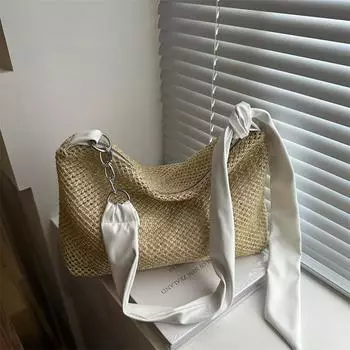 Hand-carrying Big Bag for Women New Texture Woven Underarm Bag Solid Color Simple Hollow One-shoulder Casual Tote Bag