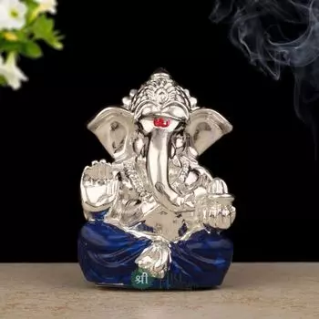 Hand Carved Silver God Ganesha Resin Idol Sculpture Statue for Home & Office Dcor & Gifts (3x2x5.cm, Blue)
