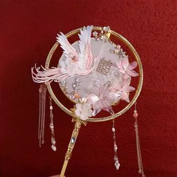 Hand Embroidery Chinese Style Bridal Fan Long Handle Phoenix Round Fan Classical Costume Show золотой