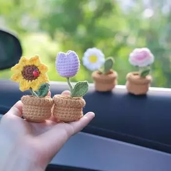 Hand Knitted Diy Mini Potted Crochet Wool Sunflower Car Interior Center Console Decoration Ornaments Cute Plant Decoration Doll чёрный