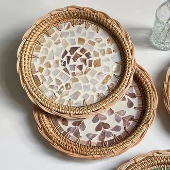 Hand-made Rattan Storage Tray-shaped Shell Color Storage Fruit Bowl Living Room Breakfast Picnic Pastry Restaurant Home Tray