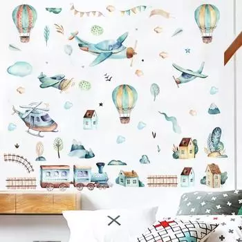 Hand Paint Watercolor Cartoon Airplane Train Wall Stickers Hot Air Balloon Stickers for Kids Room Nursery Decoration Wall Decals