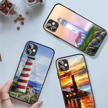 Чехол для телефона Lighthouse с ручной росписью для iPhone 14 13 12 11 XS X 8 7 6 Plus Mini Pro Max SE 2022, черный, из поликарбоната, термополиуретана, стеклянный чехол для телефона iPhone 14