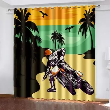 Hand-painted Motorcycle Printing Woven Curtains Two Independent Curtains on The Left and Right Blackout Curtains for Bedrooms 132cmx160cm
