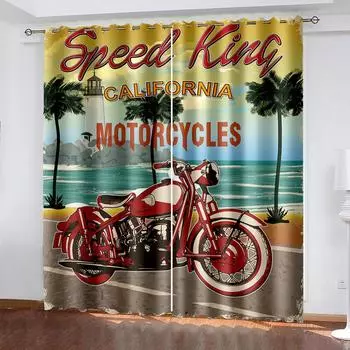 Hand-painted Motorcycle Printing Woven Curtains Two Independent Curtains on The Left and Right Blackout Curtains for Bedrooms 132cmx160cm