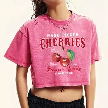 Hand Picked Cherries Always Fresh Prints Washed T Shirt Women Retro Sport Short Sleeve Summer Tees Clothing T-Shirt M
