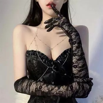 Hand Punching Gloves Stockings Large Aircraft Gloves Lolita Lace Thin Female Black Silk Sexy Oversleeves Fishnet JK Lolita Black Lace Long Edition Gloves One size