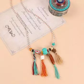 Hand rubbed cotton rope Tibetan necklace Thangka turquoise pendant retro hand-woven long fringed hanging rope
