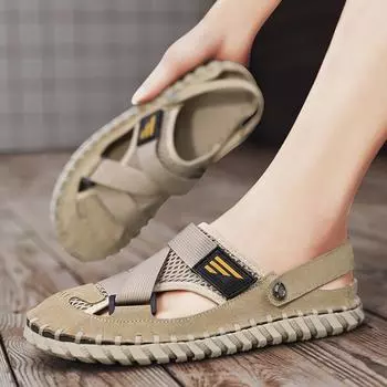 Hand-sewn sandals men s trendy outer wear mesh bag head soft sole leather sandals men s beach slippers summer breathable 38 чёрный