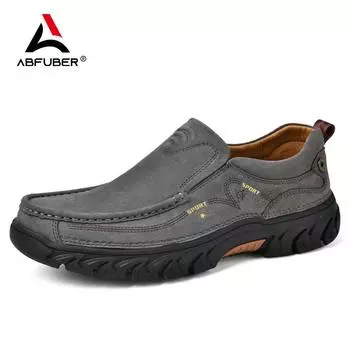 Hand-stitching Genuine Leather Shoes Men Outdoor Breathable Slip On Loafers Men Leather Casual Shoes Slip On Hot Sale Foot Wear 6.5 серый