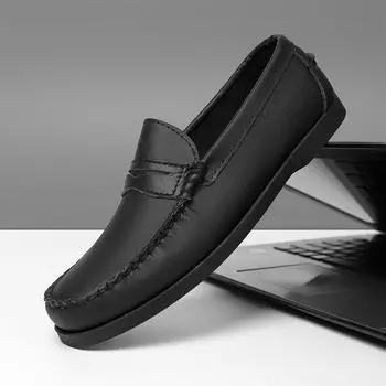 Hand-stitching Leather Men Casual Shoes Soft-Soled Mens Loafers Ultra-light Moccasins Breathable Light Soft Man Driving Footwear 39 чёрный