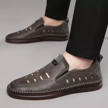 Hand-stitching Leather Shoes Men Casual Sneakers Comfty Driving Shoe Breathable Leather Loafers Men Shoes Design Moccasins 6 чёрный