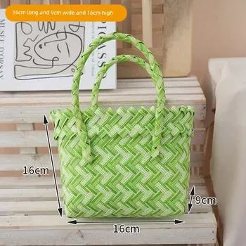 Hand-Woven Bag Color Vegetable Basket Spring Outing Seaside Beach Vacation Satchel Small Square Bag Event Bag Gift Oblique multi-line Green