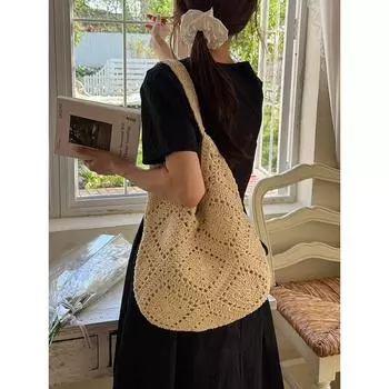 Hand-Woven Bag Mori Style Artistic Large Capacity Shoulder Underarm Bag Fashion Casual Seaside Vacation Style Beach Bag Beige