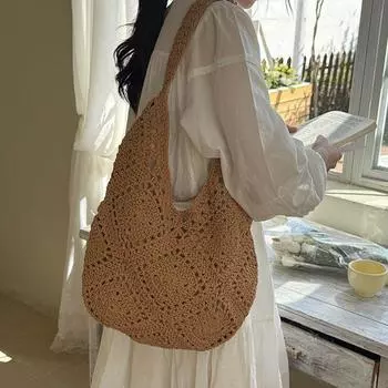 Hand-Woven Bag Mori Style Artistic Large Capacity Shoulder Underarm Bag Fashion Casual Seaside Vacation Style Beach Bag Khaki