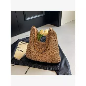 Hand-Woven Bag Women s 2025 New Arrival Beach Vacation Shoulder Bag Large Capacity Totes Popular Straw Bag Khaki [Collection and Purchase Priority Delivery]
