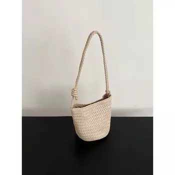 Hand-Woven Bucket Bag Women Large Capacity High-Grade Light Luxury All-Match Leather Portable Shoulder Shoulder Tote Bag Beige White