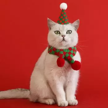 Hand-woven Cat Snowflake Plaid Scarf Adjustable Dog Christmas Plaid Hat For Puppy Dog Cats красный