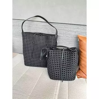 Hand-Woven Hollow Bucket Bag Large Capacity Woven Bag Commuter All-Match Shoulder Underarm Tote Bag Underarm Women s Bag Grey small size [pure hand-woven] (send liner bag)