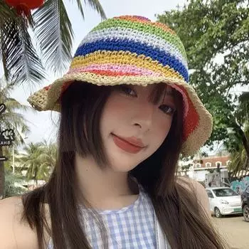Hand-woven Hyunya wind hollow straw hat women s summer travel sunscreen beach sunshade face small hat M56-58cm