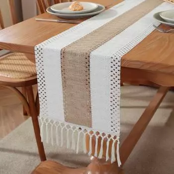 Hand Woven Jute Natural Linen Table Runner with Tassels Rustic Country Wedding Birthday Christmas Decoration for Home tablecloth 30x50cm