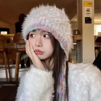Hand-woven mixed-color knitted wool strap plush hat women s winter warm ear protection headcap фиолетовый