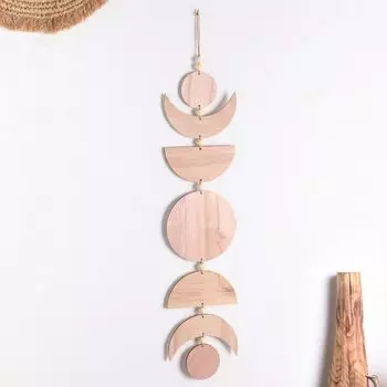 Hand Woven Moon Phase Garland Wall Decor Celestial Ornament Wood Chip Pendant Wooden Pendant B