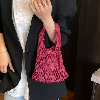 Hand-Woven Wrist Tote Bag Cotton Rope Braided Hollow Out Handbag Ladies Portable Wristlet Handbag for Travel Beach Shopping синий