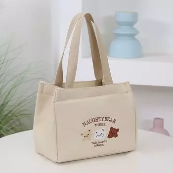 Handbag New Bags Ladies Hand Bag Lunch Bag Small Size Canvas Bag Easiest for Match Office Lunch Box Handbag Bear Embroider khaki