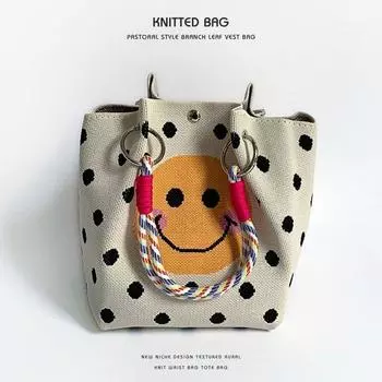 Handbag Small Carrying Bag Summer New Cartoon Pattern Versatile Commuter Bucket Bag Large Capacity Portable Shoulder Bag Wave Point Smiling Face
