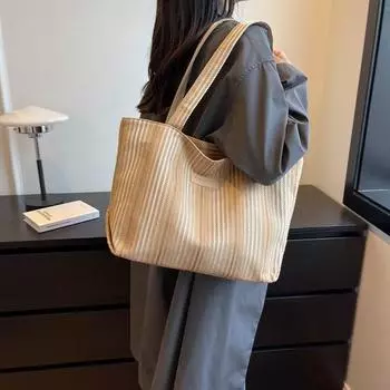 Сумка женская повседневная модная простая сумка через плечо с вышитыми нитками в полоску большая вместительная сумка-тоут чёрный