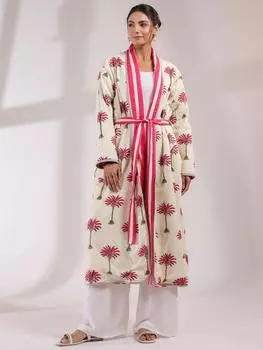 Handblock print Reversible Quilted Robe| Jaipuri Print Free size house coat w/pockets | Indian cotton winter robe|Women’s winter lounge robe free size белый/розовый
