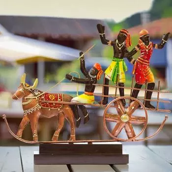 Handcrafted Ethnic Tribal Bullock Cart Showpiece - 17x12 Inch Tribal Home Dcor with Wooden Base for Housewarming