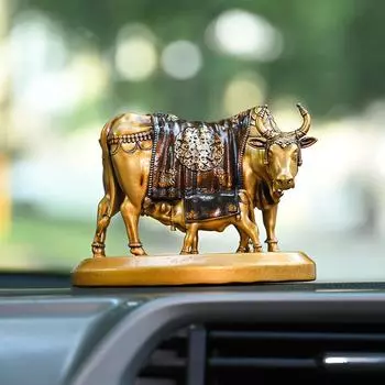 Handcrafted Kamdhenu Cow and Calf Statue Kamdhenu Cow with Calf Vastu Resin Fengshui Figurine for Car Dashboard Home Deocration