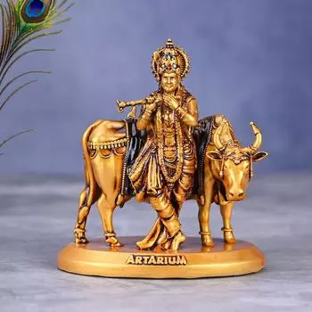 Handcrafted Krishna with Cow Murti Idol Statue Janmashtami Showpiece for Car Dashboard Home Decor Office and Table Decorative