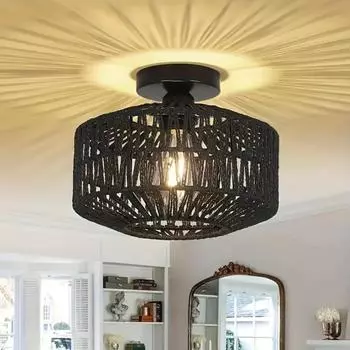 Handcrafted Rattan Bohemian Ceiling Light - Rustic Farmhouse Charm Easy Mount Ideal- Light Bulb Not Included Eco Friendly Lamp NO BULB чёрный