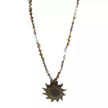 Handcrafted Sun Pendant Necklace Sweater Chain Jewelry with 8mm Natural Stone and Glass Beads in Elegant Antique Tone темно-синий
