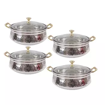 Ханди/Миска/Кастрюля из нержавеющей стали кованого дизайна с крышкой из закаленного стекла и латунной ручкой и ручками, объем - 400 мл, набор из 4 штук